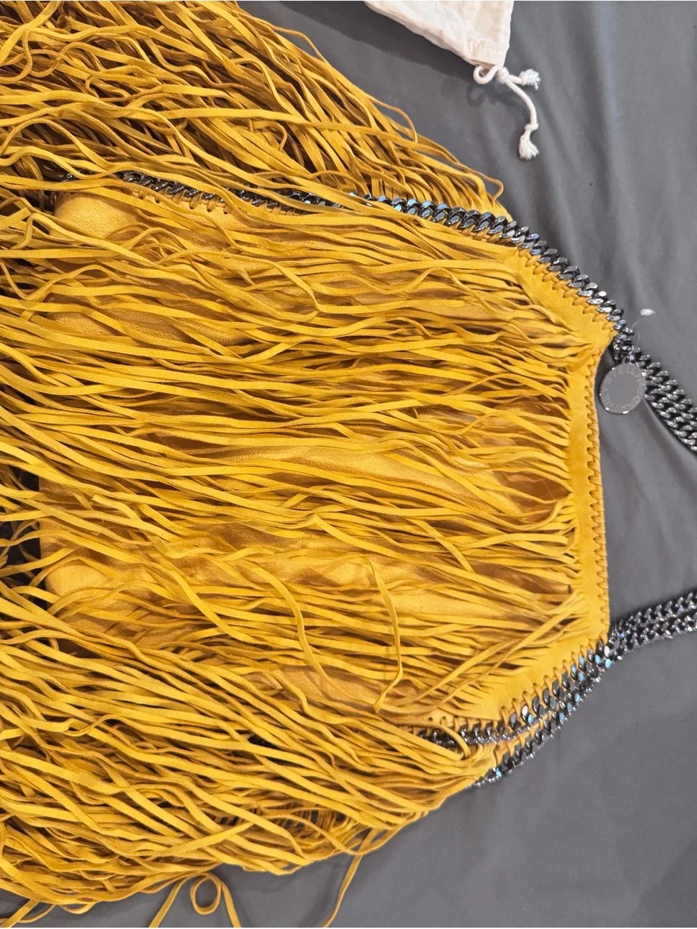 Stella McCartney Mustard Yellow Fringe Tote with Chain Strap